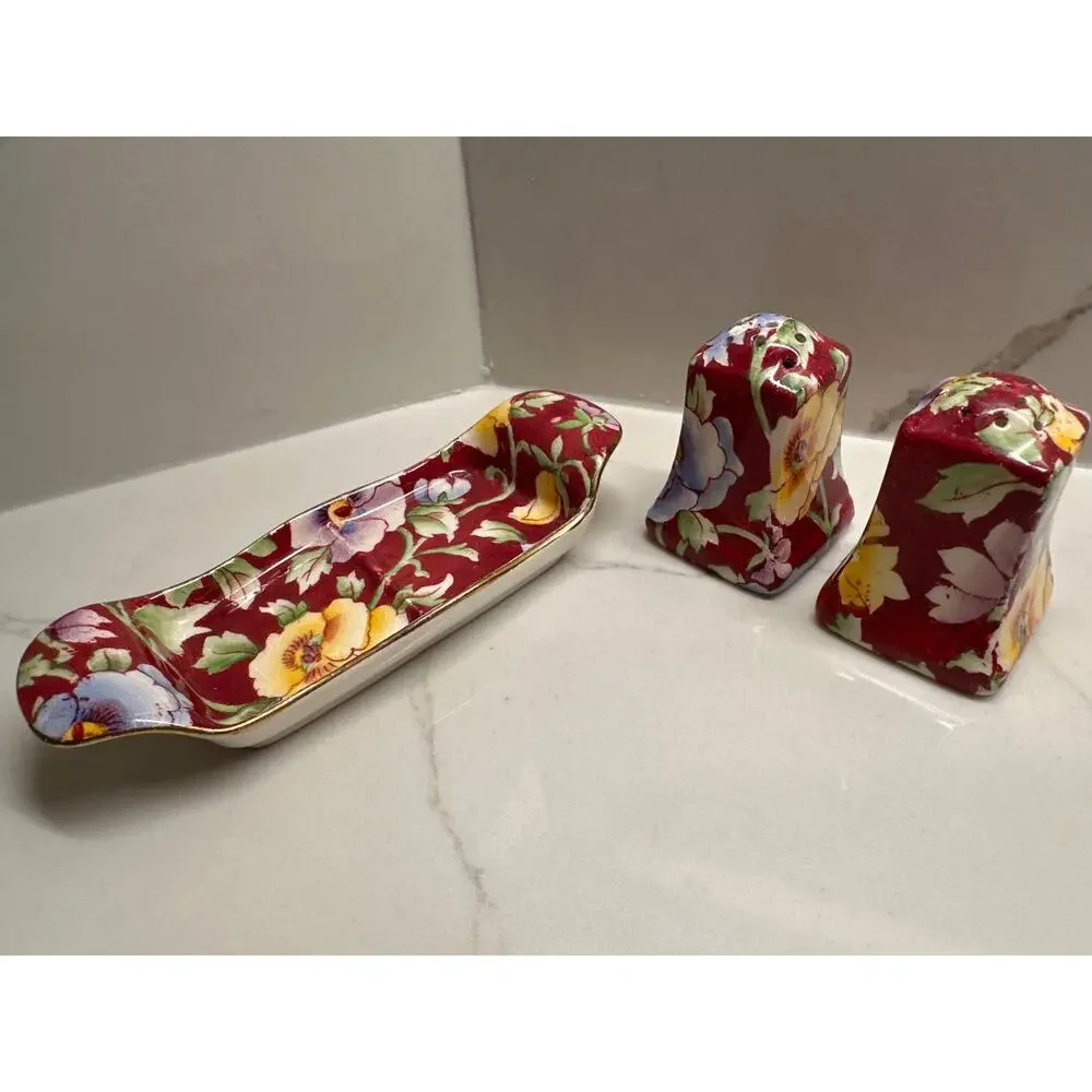 Vintage Royal Winton Grimwades Chintz June Festival Salt & Pepper Shakers Tray